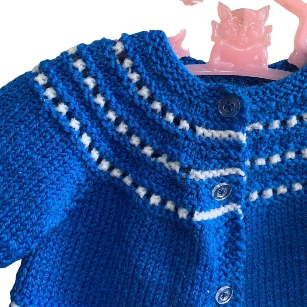 Vintage Handknit Cozy Chunky Knit Retro Blue Cardigan 0-3 Months